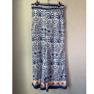 Rachel Roy Wide Leg Pants Blue White Palm Tree Print Size S Linen Blend